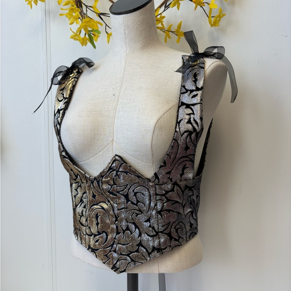Elegant Black and Gold Brocade Corset Top